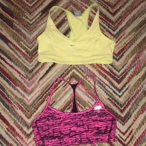 Lime green and pink sports bras